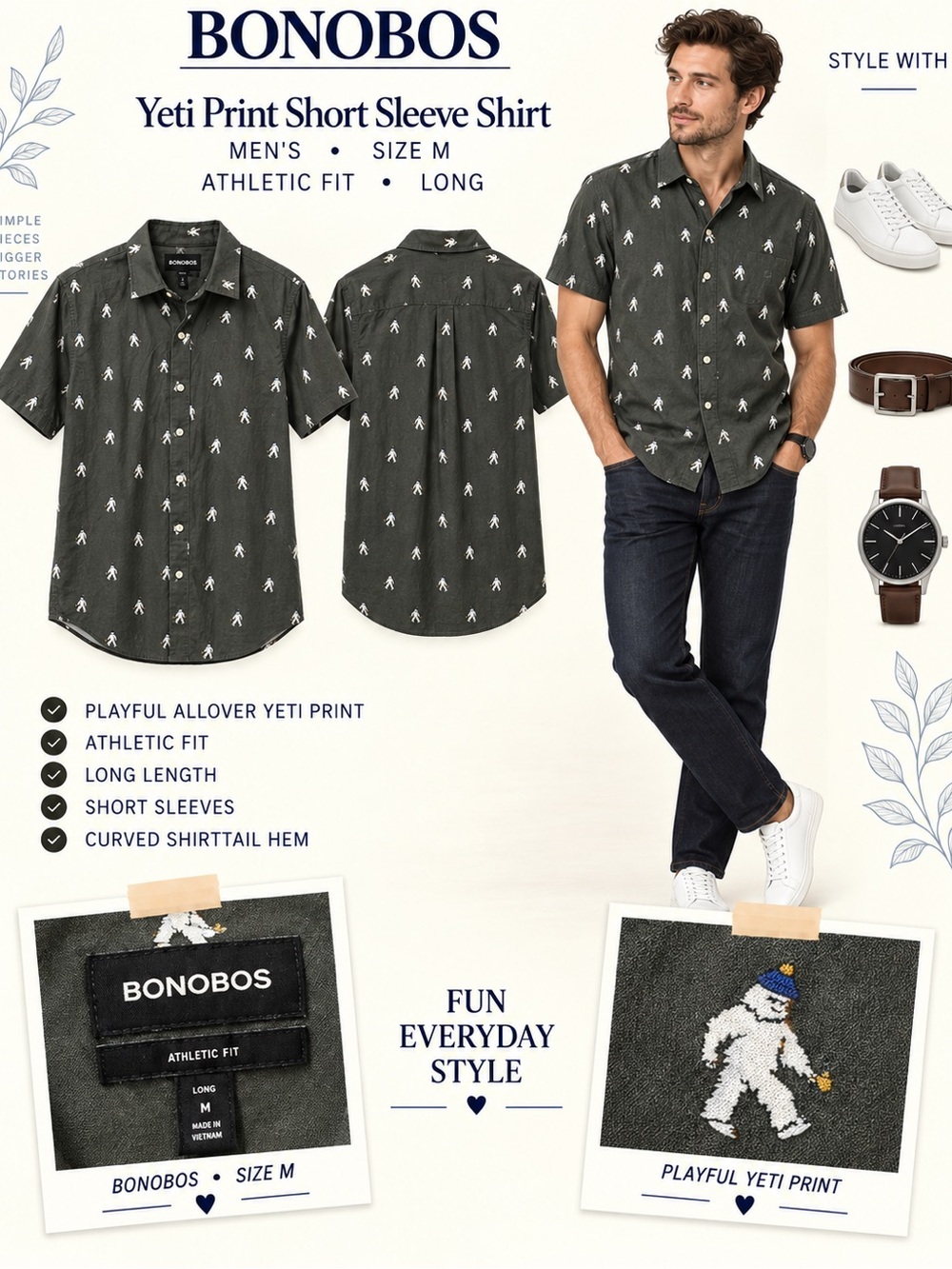 Bonobos Olive Green Short Sleeve Shirt with White Yeti Print